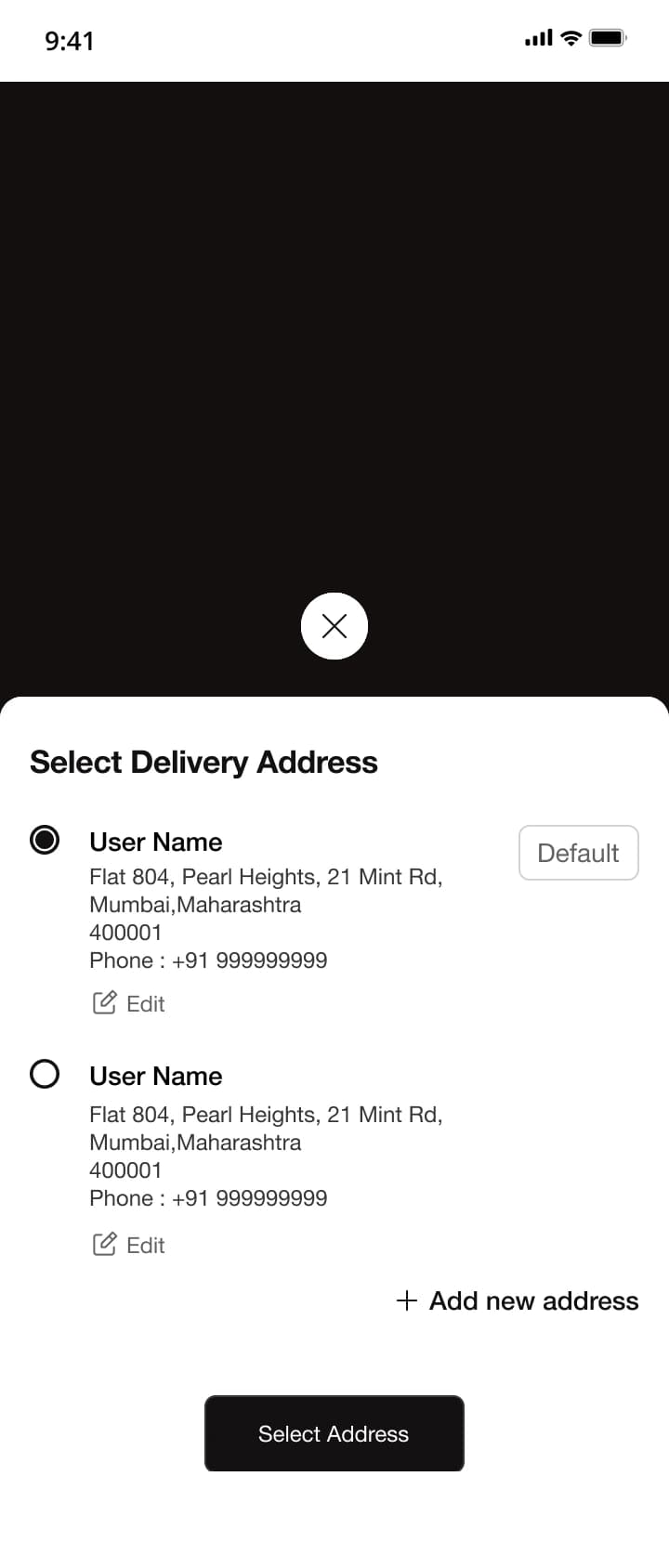 Address-selection bottom sheet with saved addresses, editing controls and an add-address action.