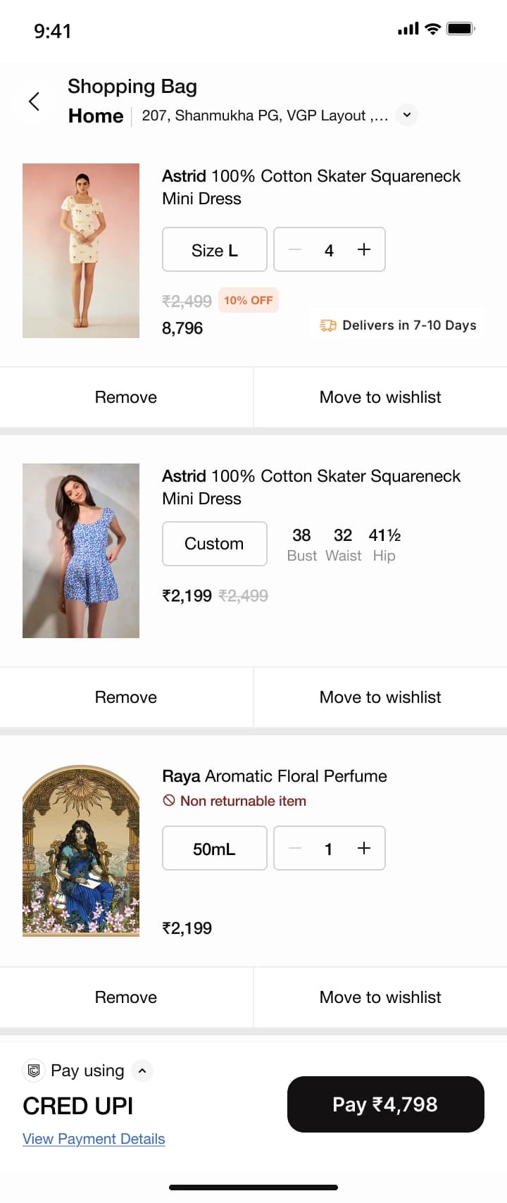 Unshipped shopping bag concept showing CRED UPI as the selected payment method.
