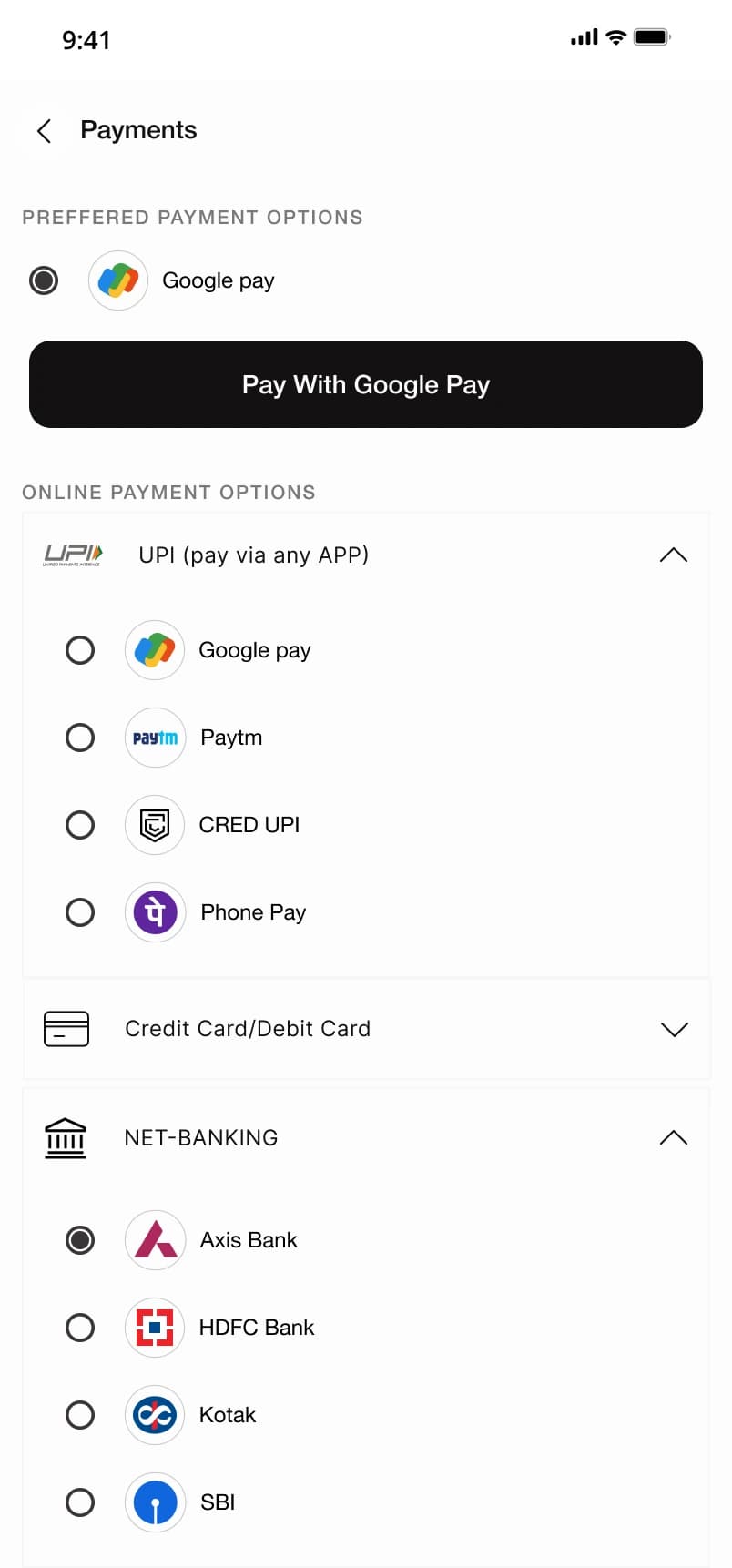 Payment concept showing a preferred Google Pay option, an expanded UPI list and net-banking options.