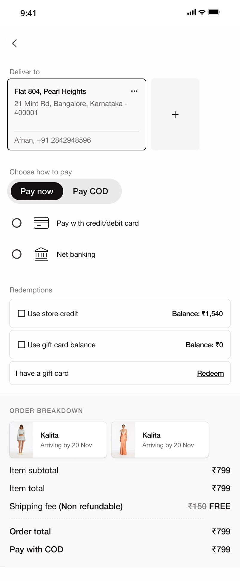 Unshipped checkout direction with a Pay now and Pay COD toggle above payment methods and redemptions.