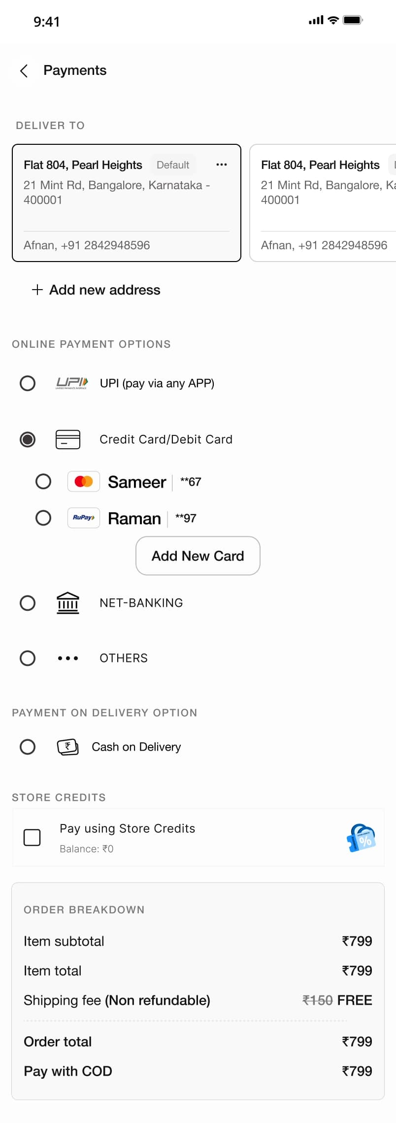 Unshipped payment direction with saved cards nested within payment methods, followed by store credits and an order breakdown.