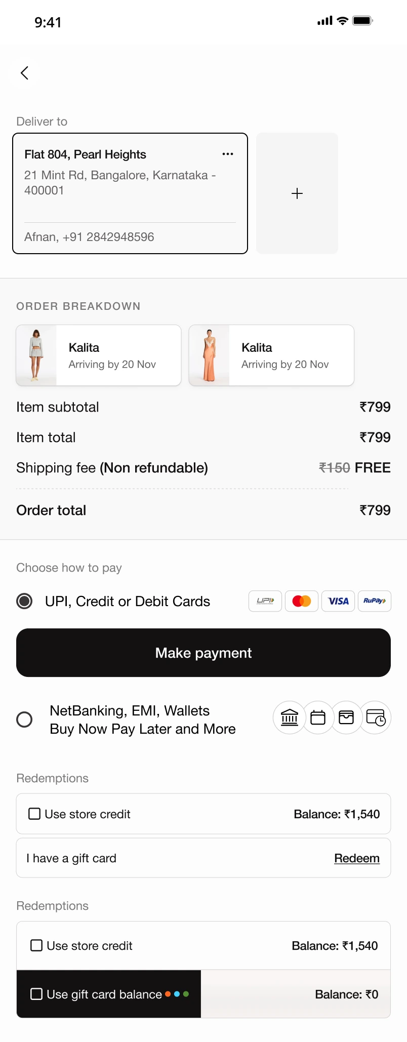 Unshipped checkout direction that places the order breakdown before payment, with redemption variants shown below.