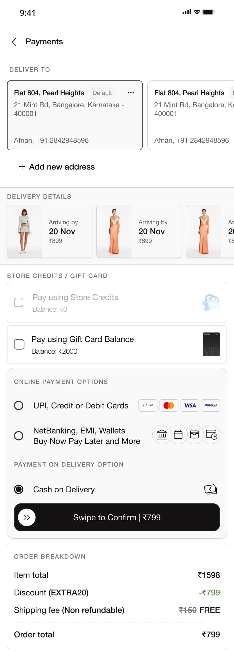 Final checkout with a default address, delivery estimates, store credits, gift cards, cash on delivery and a swipe-to-confirm action.