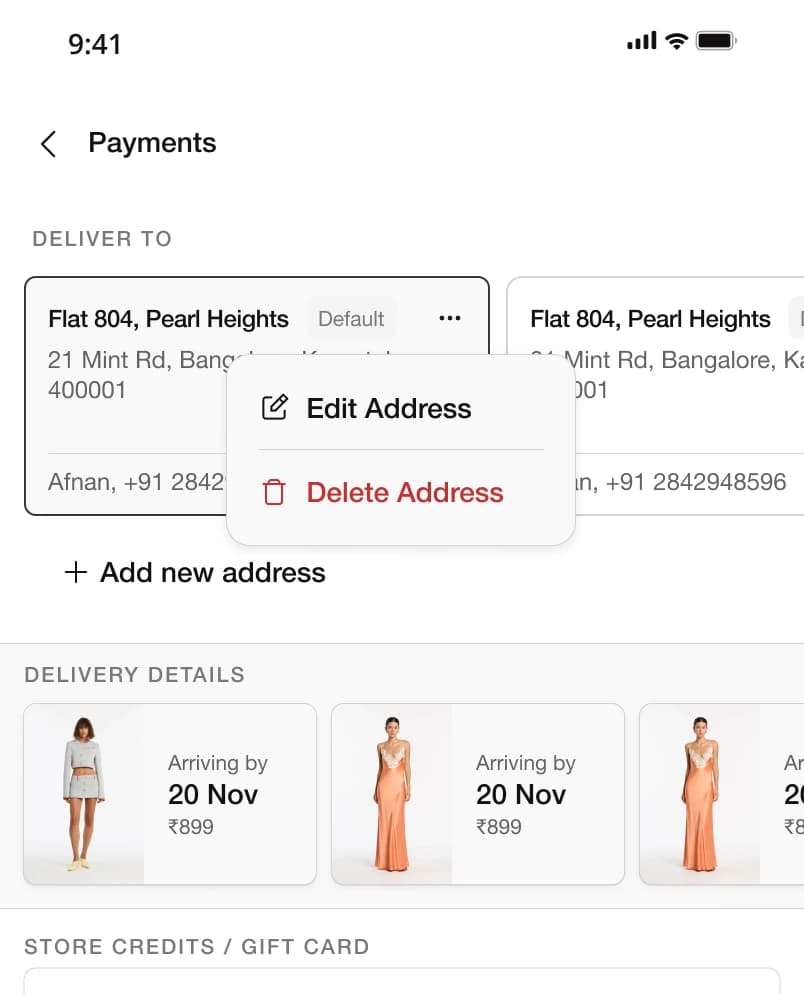 Final checkout detail showing Edit Address and Delete Address in a menu on the saved-address card.