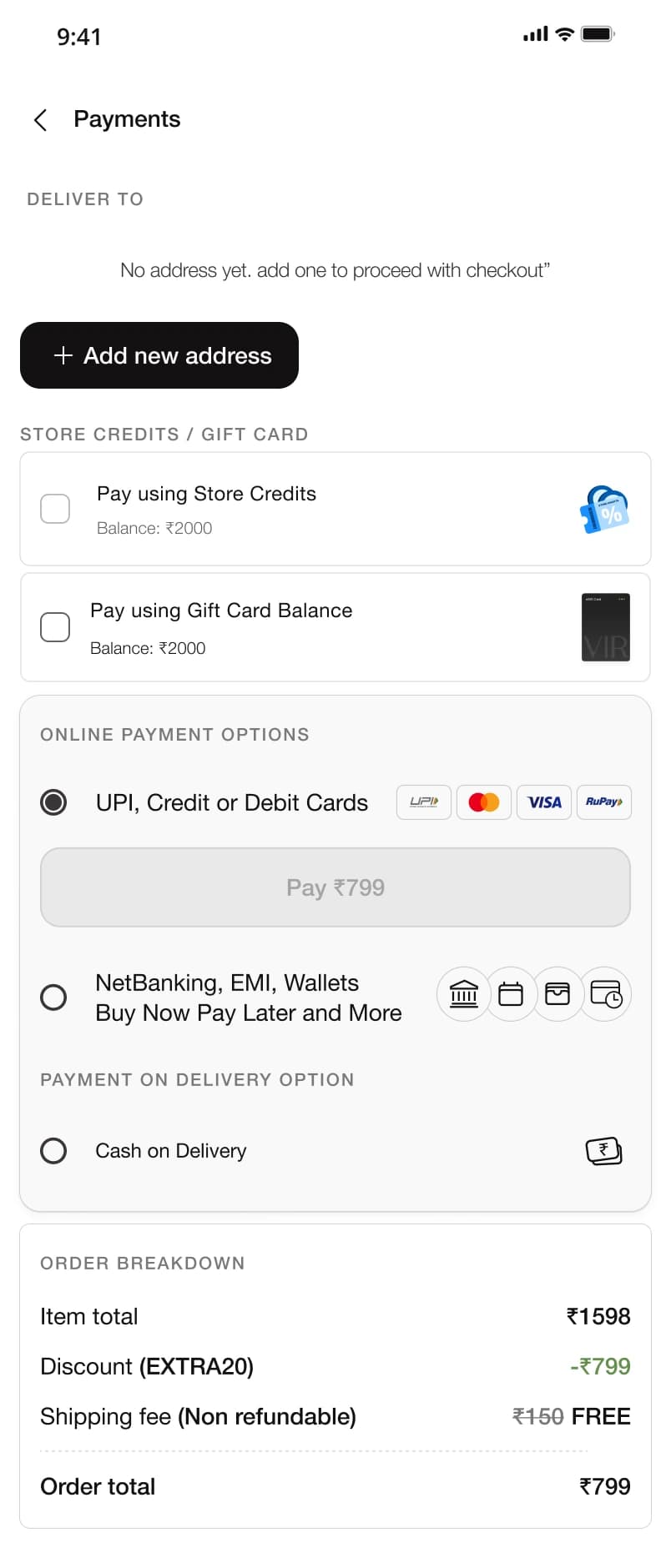 Final checkout empty-address state with an add-address action and a disabled payment button.