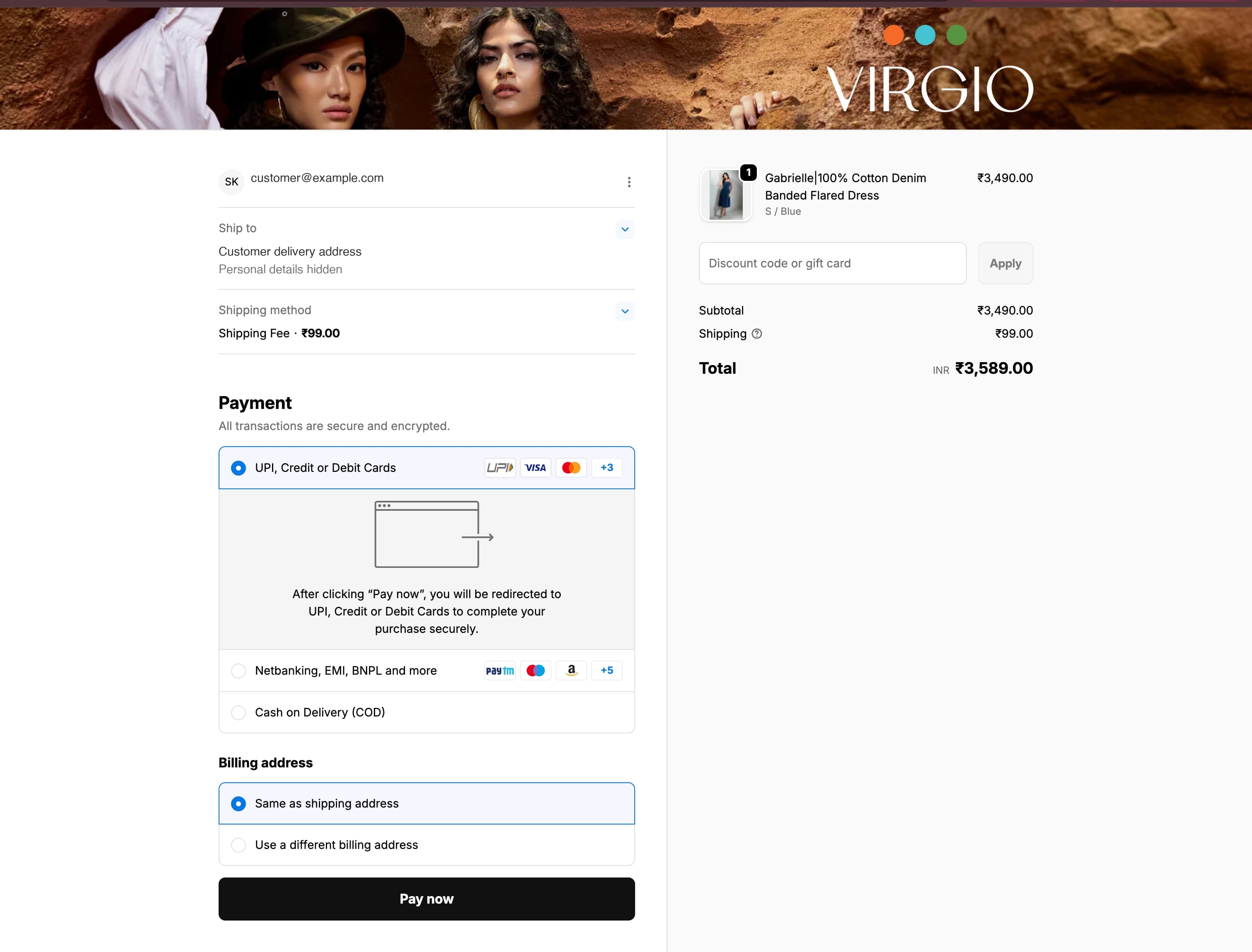 VIRGIO’s original Shopify checkout, with shipping and payment on the left and the order summary on the right. Personal account details are hidden.
