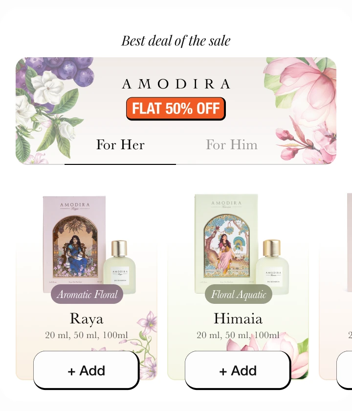 Amodira's best deal of the sale widget introduces fragrances through floral and product imagery, with Add actions.