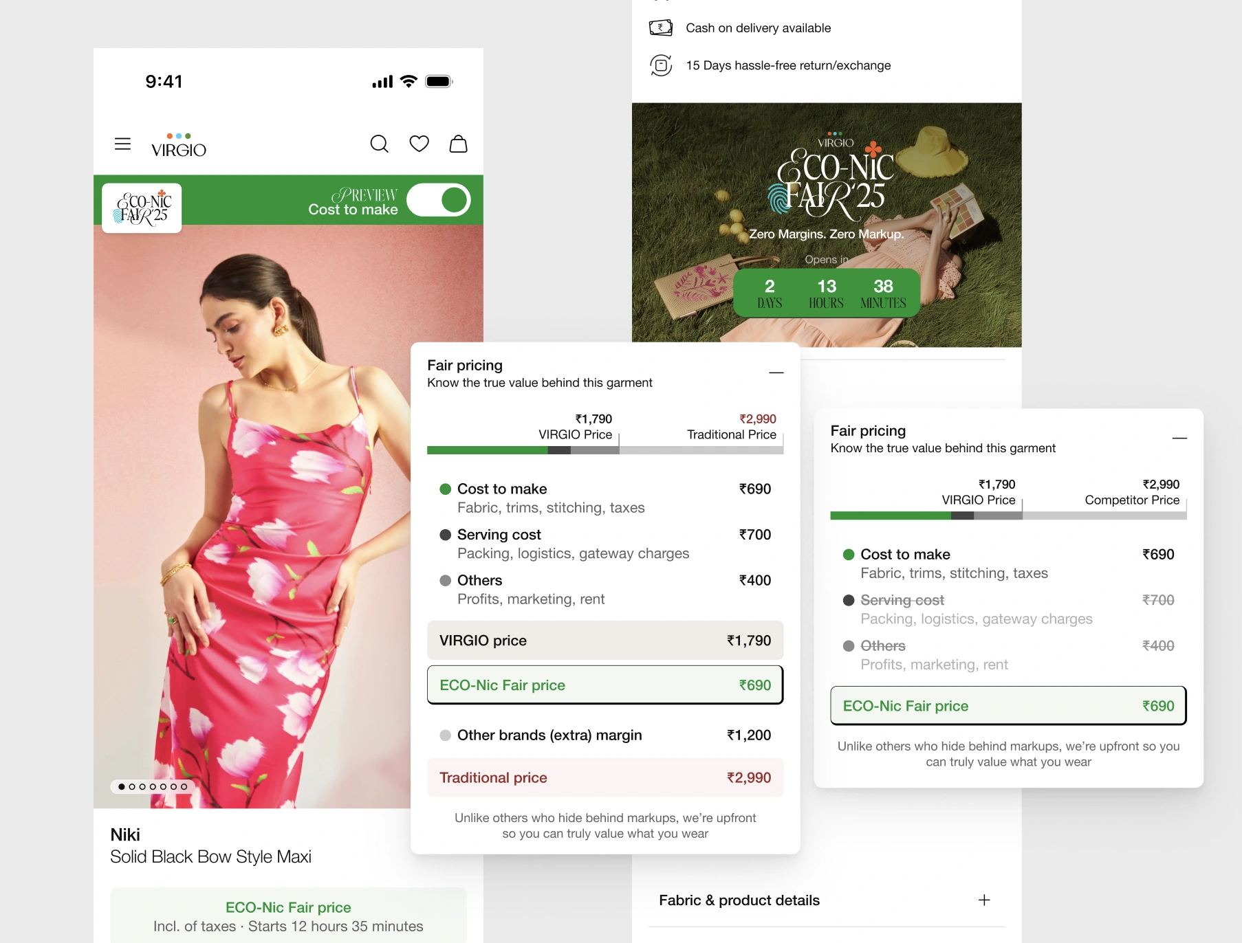 Econic product-page preview with the fair-pricing breakdown: ₹690 cost to make is highlighted, while serving cost and other costs are crossed out in the fair-price view.