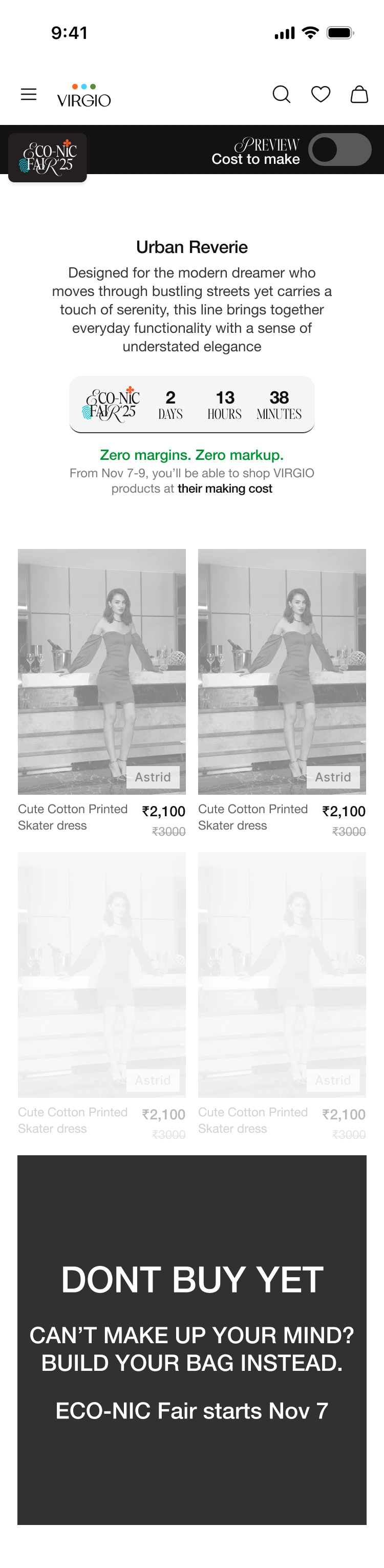 Pre-sale listing wireframe with the preview toggle off, current prices and a Don’t buy yet banner encouraging shoppers to build their bag.
